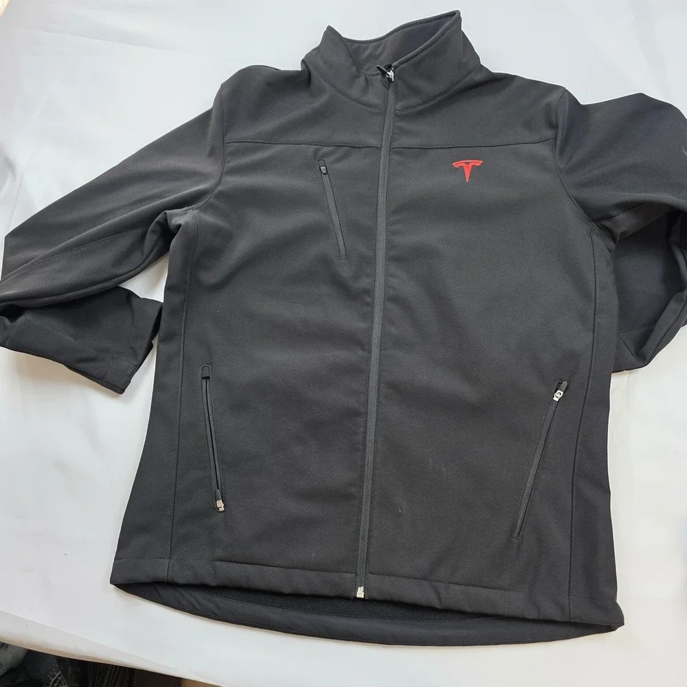 Tesla Jacket Mens Medium Black Softshell Full Zip Red Logo Car Windbreaker